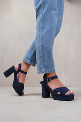 MARCIA WIDE FIT STATEMENT PLATFORM STRAPPY BLOCK HIGH HEELS SHOES IN NAVY SUEDE