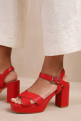 MARCIA STATEMENT PLATFORM STRAPPY BLOCK HIGH HEELS IN RED FAUX LEATHER