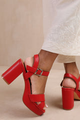 MARCIA WIDE FIT STATEMENT PLATFORM STRAPPY BLOCK HIGH HEELS IN RED FAUX LEATHER