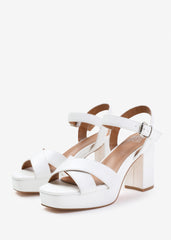 MARCIA STATEMENT PLATFORM STRAPPY BLOCK HIGH HEELS IN WHITE FAUX LEATHER