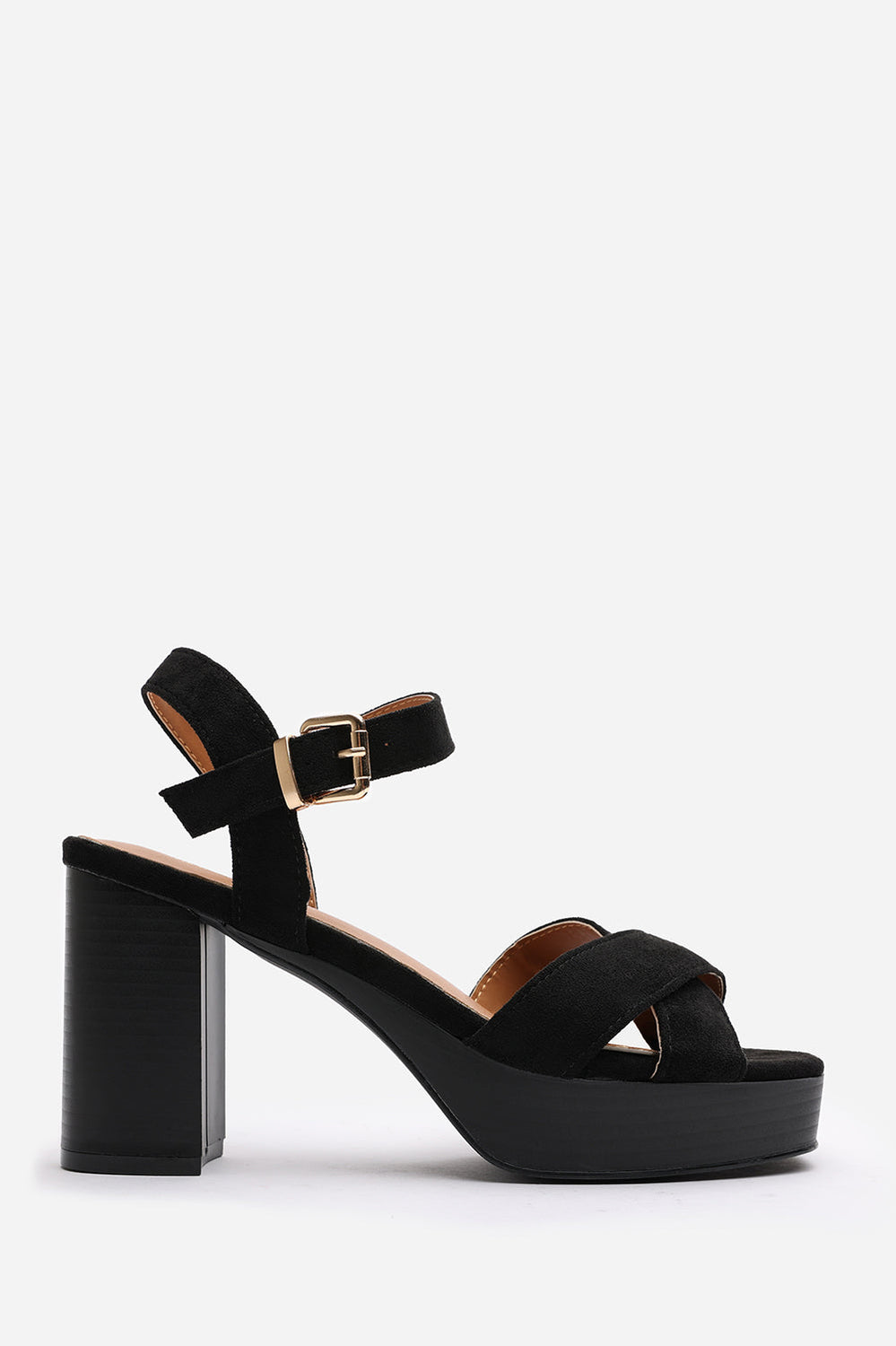 Riya Wide Fit Black Suede Cross Over Platform Sandals with Buckle Strap