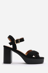 Riya Wide Fit Black Suede Cross Over Platform Sandals with Buckle Strap