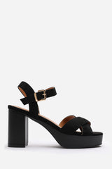 Riya Black Suede Cross Over Platform Sandals with Buckle Strap