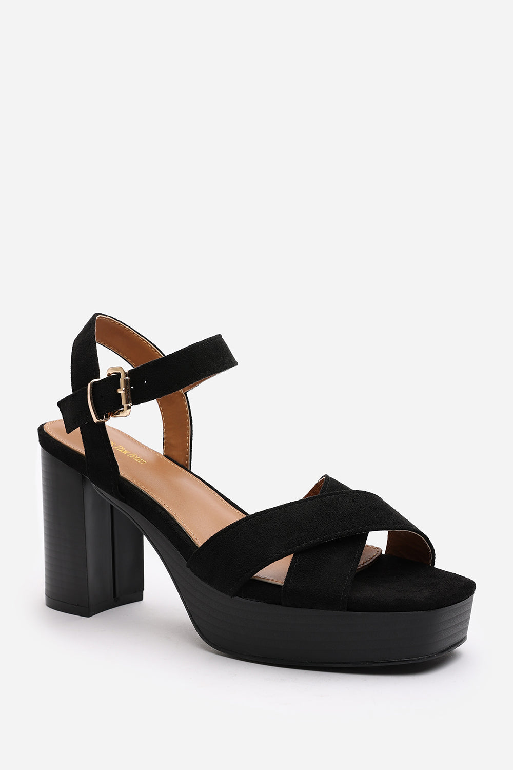 Riya Wide Fit Black Suede Cross Over Platform Sandals with Buckle Strap