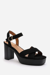 Riya Wide Fit Black Suede Cross Over Platform Sandals with Buckle Strap