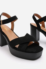 Riya Wide Fit Black Suede Cross Over Platform Sandals with Buckle Strap
