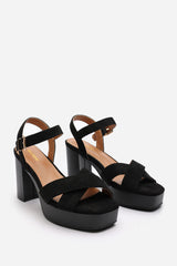 Riya Wide Fit Black Suede Cross Over Platform Sandals with Buckle Strap