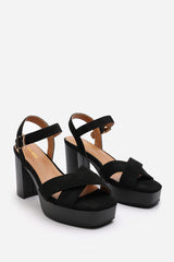 Riya Black Suede Cross Over Platform Sandals with Buckle Strap