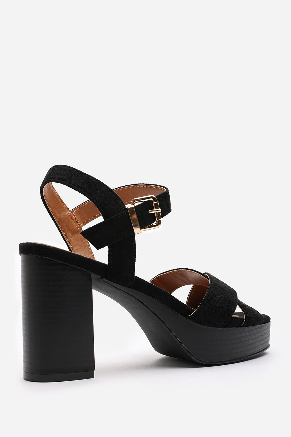 Riya Wide Fit Black Suede Cross Over Platform Sandals with Buckle Strap