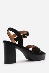 Riya Wide Fit Black Suede Cross Over Platform Sandals with Buckle Strap