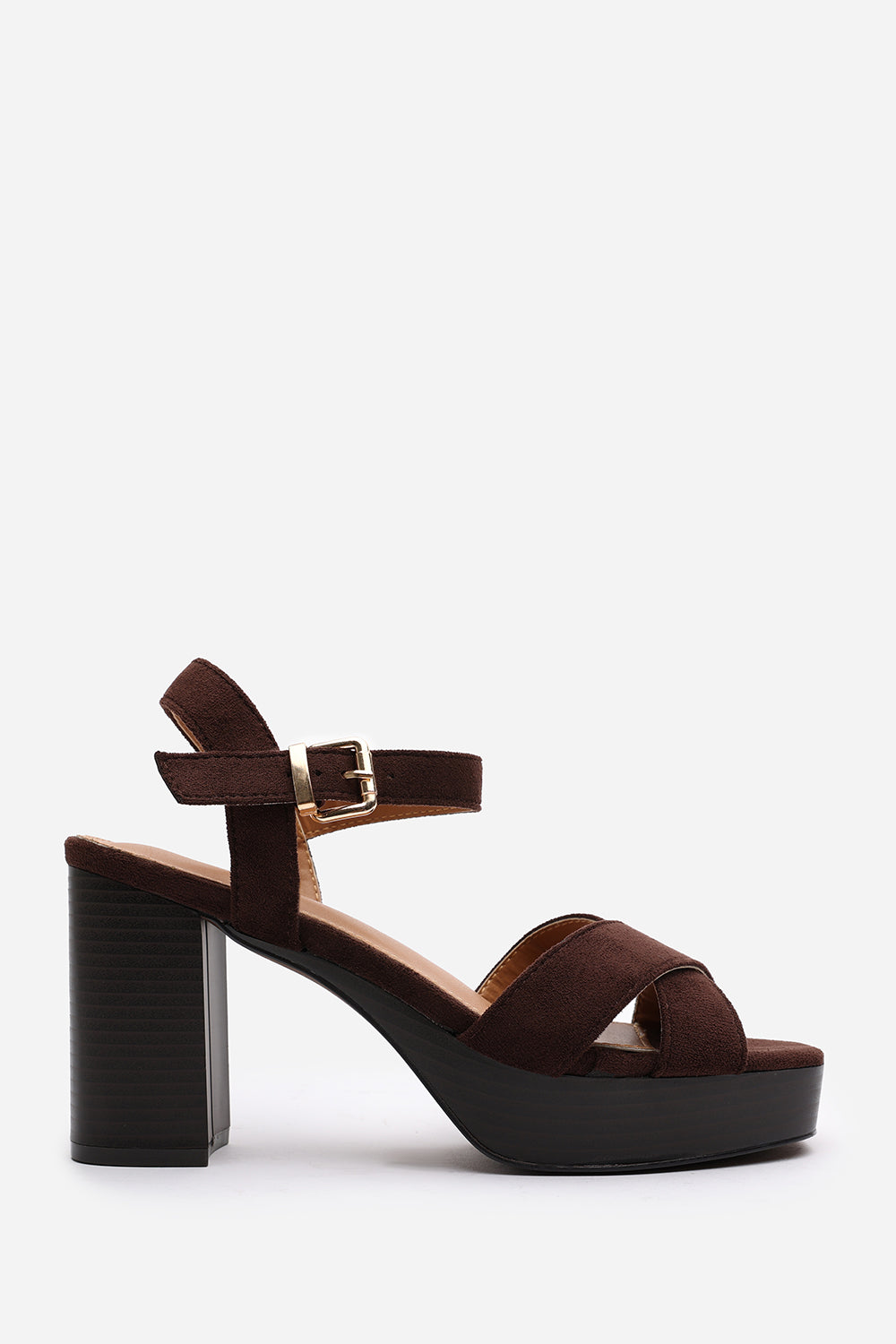 Riya Wide Fit Brown Suede Cross Over Platform Sandals with Buckle Strap