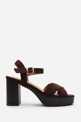 Riya Brown Suede Cross Over Platform Sandals with Buckle Strap