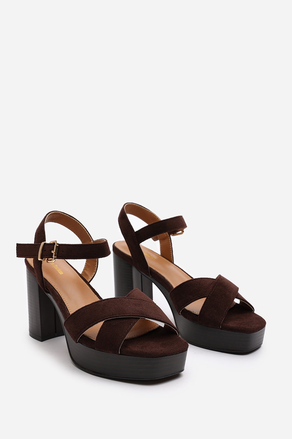 Riya Brown Suede Cross Over Platform Sandals with Buckle Strap