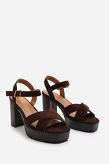 Riya Wide Fit Brown Suede Cross Over Platform Sandals with Buckle Strap