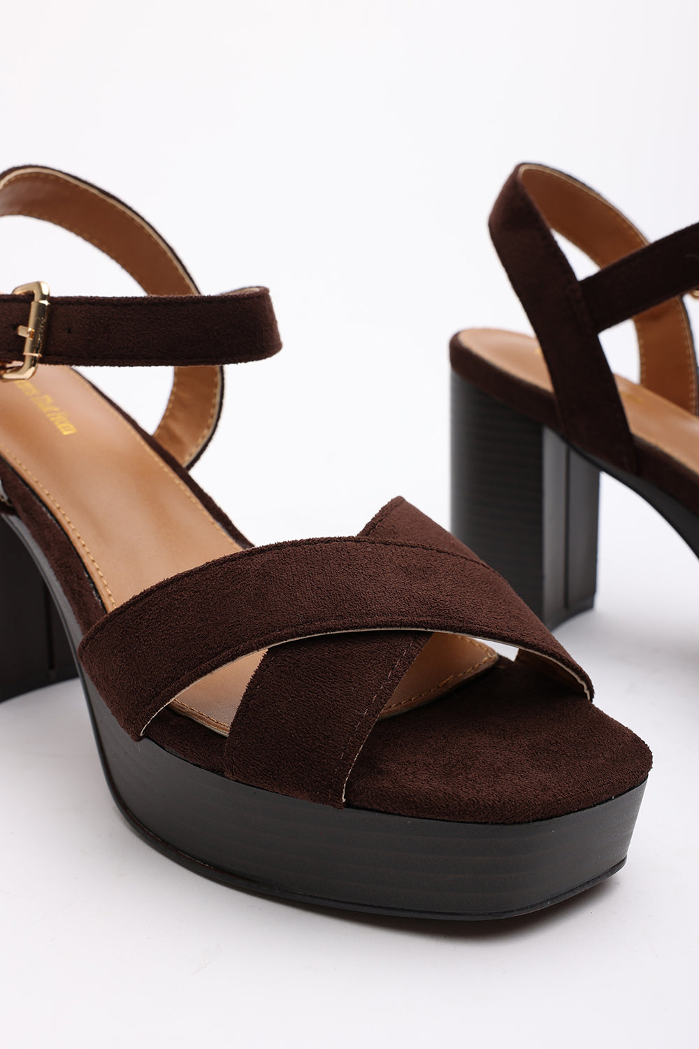 Riya Wide Fit Brown Suede Cross Over Platform Sandals with Buckle Strap
