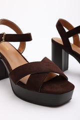 Riya Wide Fit Brown Suede Cross Over Platform Sandals with Buckle Strap