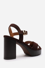 Riya Wide Fit Brown Suede Cross Over Platform Sandals with Buckle Strap