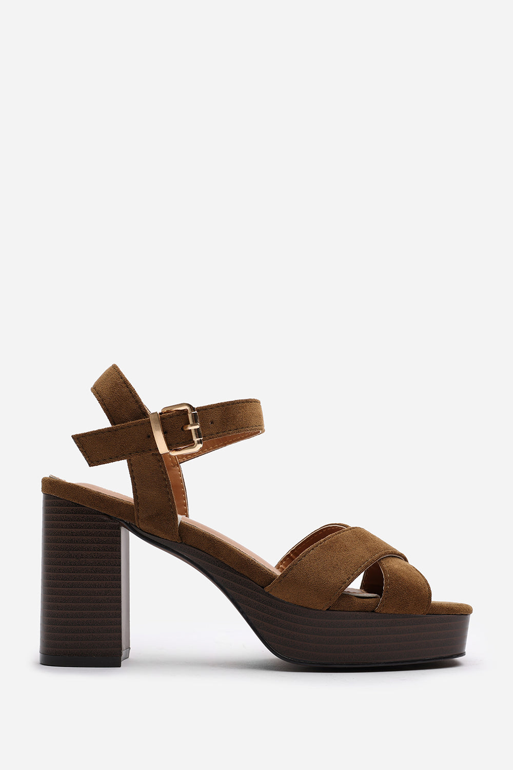 Riya Khaki Suede Cross Over Platform Sandals with Buckle Strap