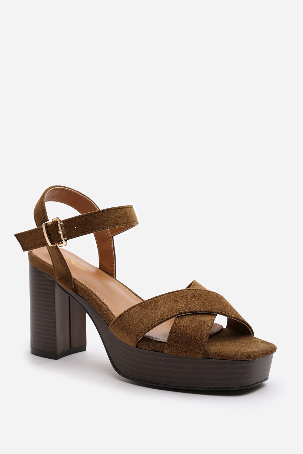 Riya Khaki Suede Cross Over Platform Sandals with Buckle Strap