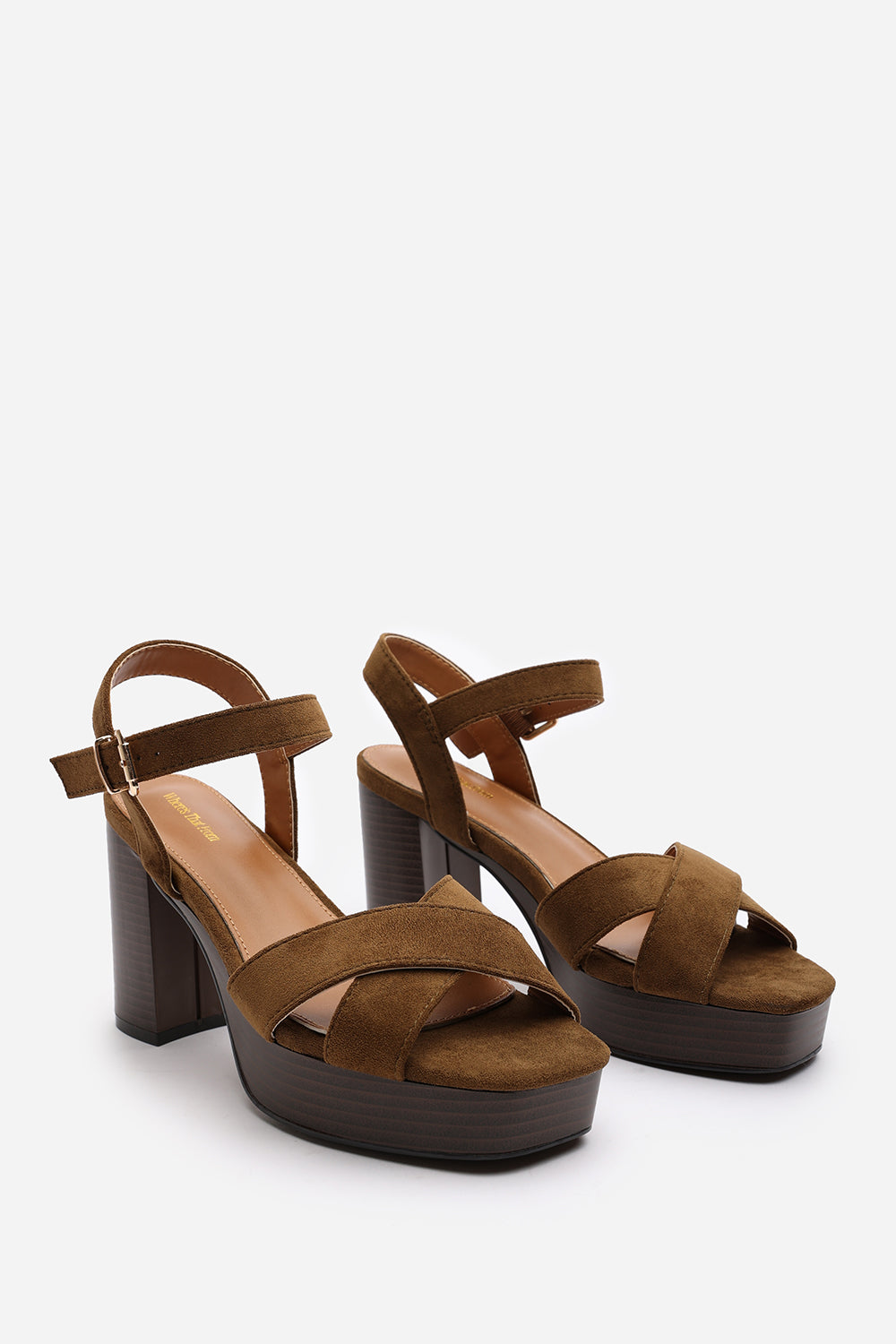 Riya Khaki Suede Cross Over Platform Sandals with Buckle Strap