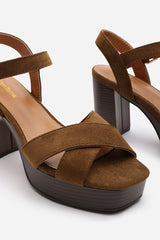 Riya Khaki Suede Cross Over Platform Sandals with Buckle Strap