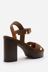 Riya Khaki Suede Cross Over Platform Sandals with Buckle Strap