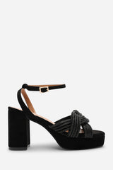 Karen Black Suede Platform Heels with Twisted Straps