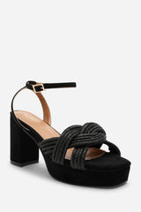 Karen Black Suede Platform Heels with Twisted Straps