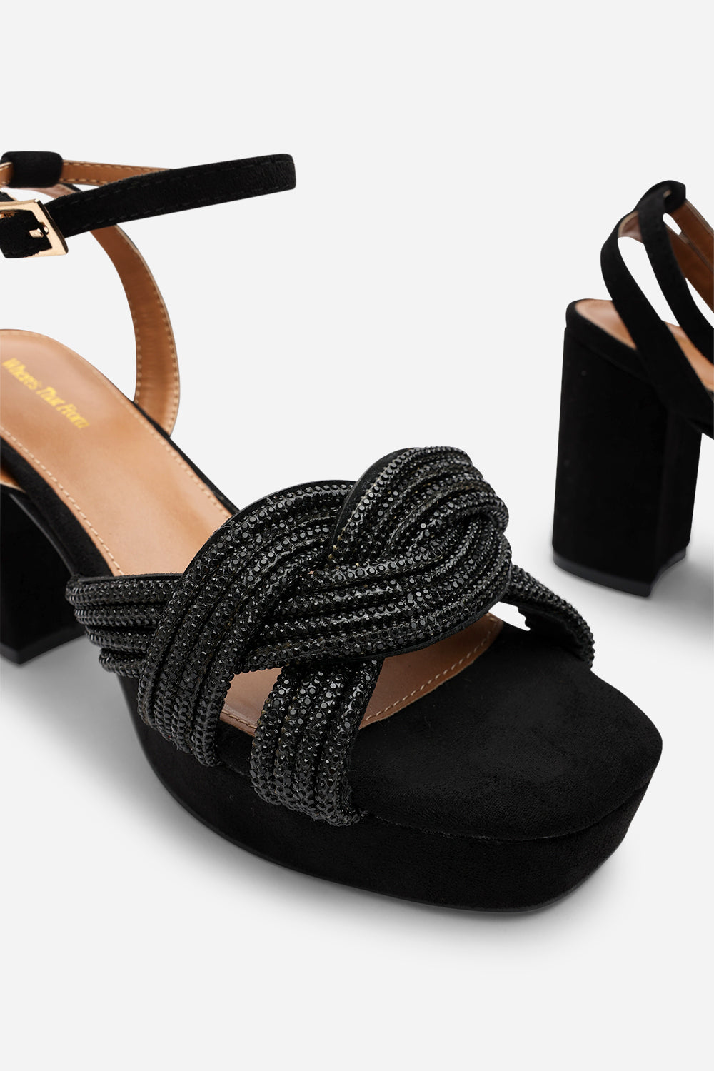 Karen Black Suede Platform Heels with Twisted Straps