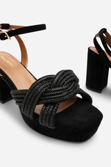 Karen Black Suede Platform Heels with Twisted Straps