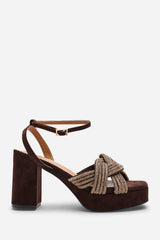 Karen Wide Fit Brown Suede Platform Heels with Twisted Straps