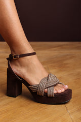 Karen Brown Suede Platform Heels with Twisted Straps