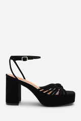 Rivora Black Suede Twisted Knot Strap Platform Heels
