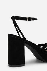 Rivora Black Suede Twisted Knot Strap Platform Heels