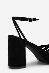 Bronte Wide Fit Black Suede Platform Heels with Twisted Knot Straps