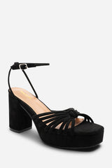 Rivora Black Suede Twisted Knot Strap Platform Heels
