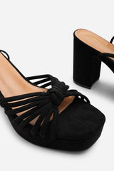Rivora Black Suede Twisted Knot Strap Platform Heels