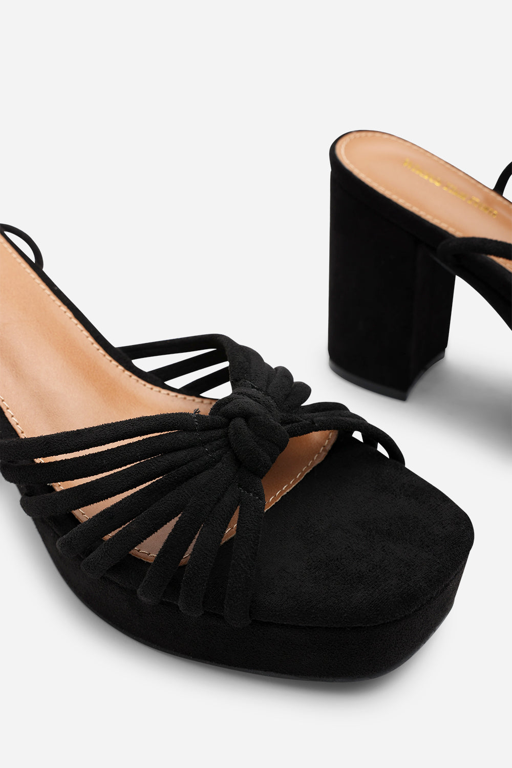 Bronte Black Suede Platform Heels with Twisted Knot Straps