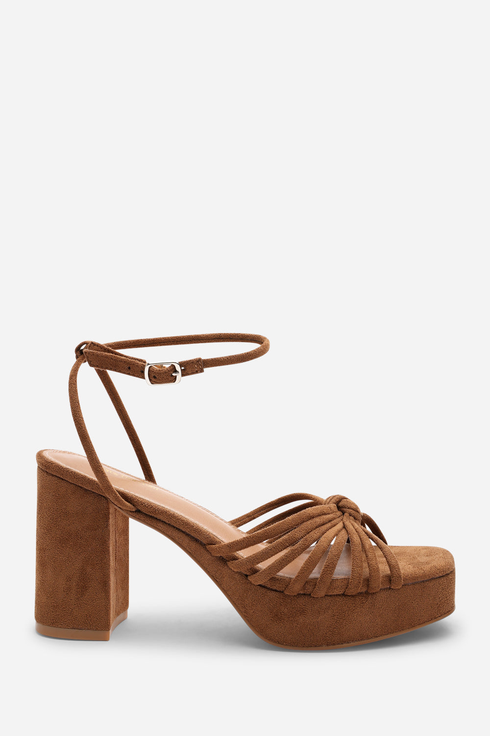 Rivora Cognac Suede Twisted Knot Strap Platform Heels