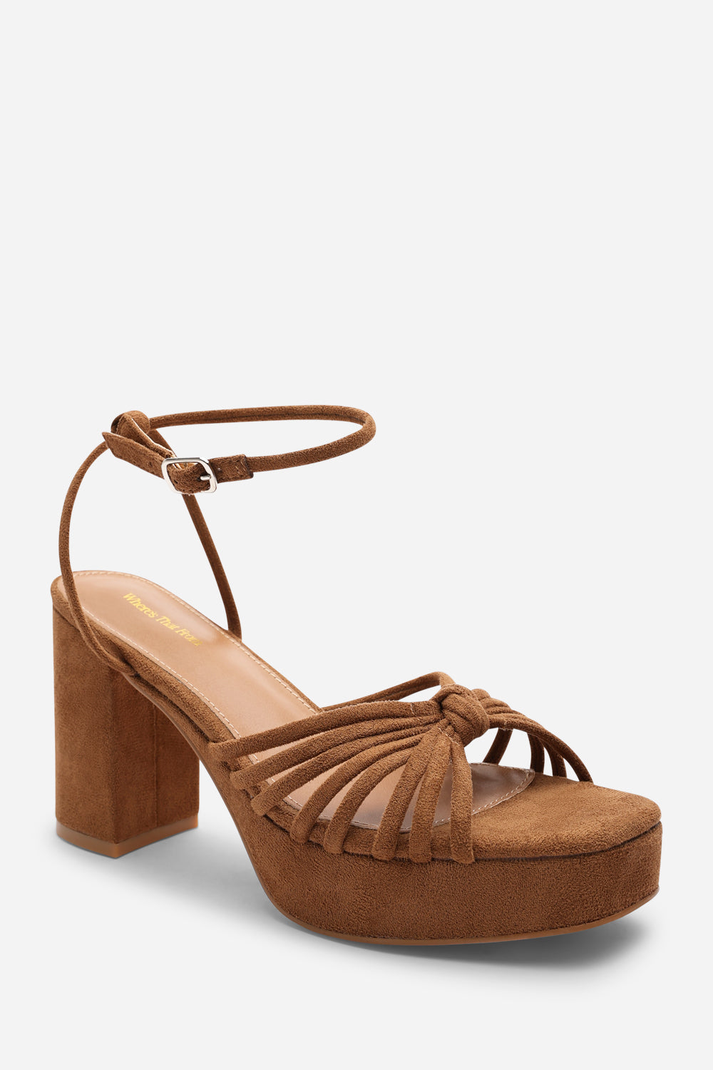 Bronte Cognac Suede Platform Heels with Twisted Knot Straps