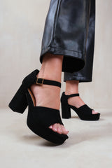 MARIN WIDE FIT STATEMENT PLATFORM BLOCK HIGH HEELS WITH BUCKLE DETAIL IN BLACK SUEDE