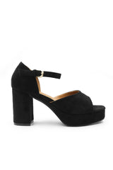 MARIN STATEMENT PLATFORM BLOCK HIGH HEELS WITH BUCKLE DETAIL IN BLACK SUEDE