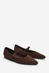 Novalee Pointed Toe Mary Jane Front Strap Ballet Flats in Brown Suede