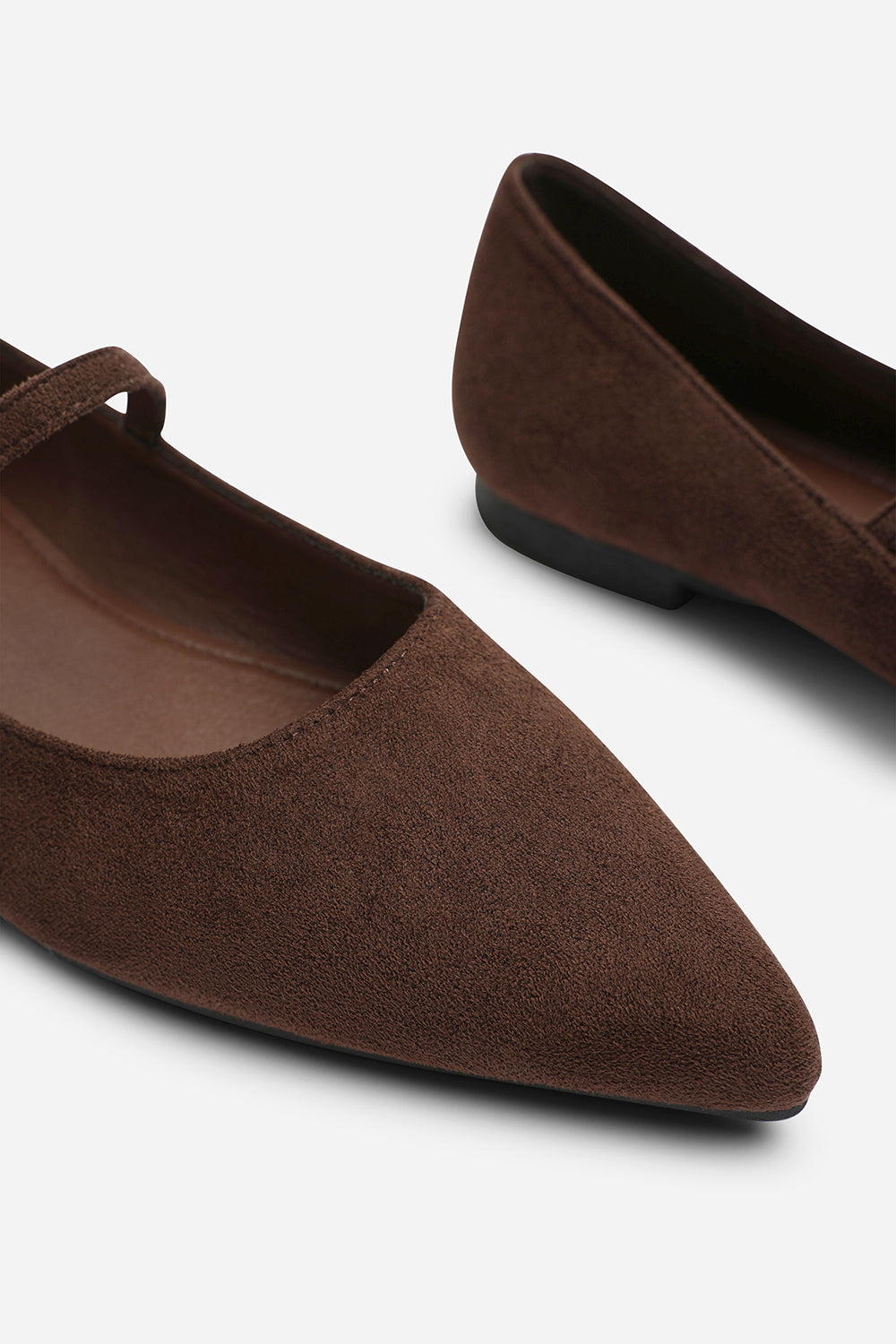 Novalee Wide Fit Pointed Toe Mary Jane Front Strap Ballet Flats In Brown Suede