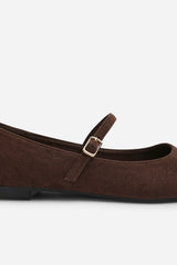 Novalee Pointed Toe Mary Jane Front Strap Ballet Flats in Brown Suede