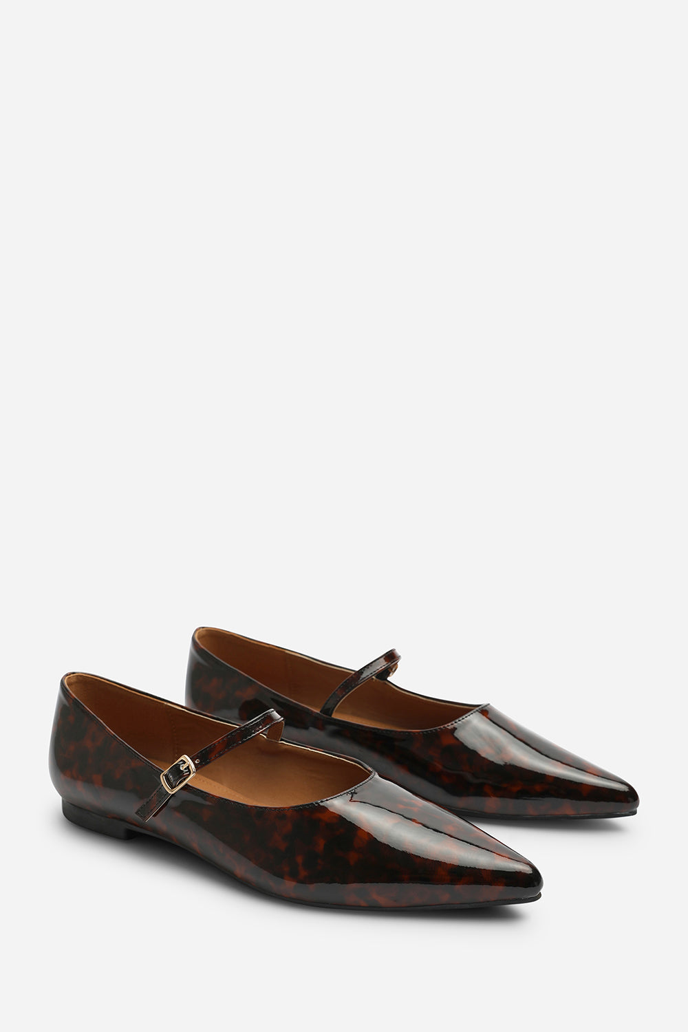 Novalee Wide Fit Pointed Toe Mary Jane Front Strap Ballet Flats in Tortoise Patent