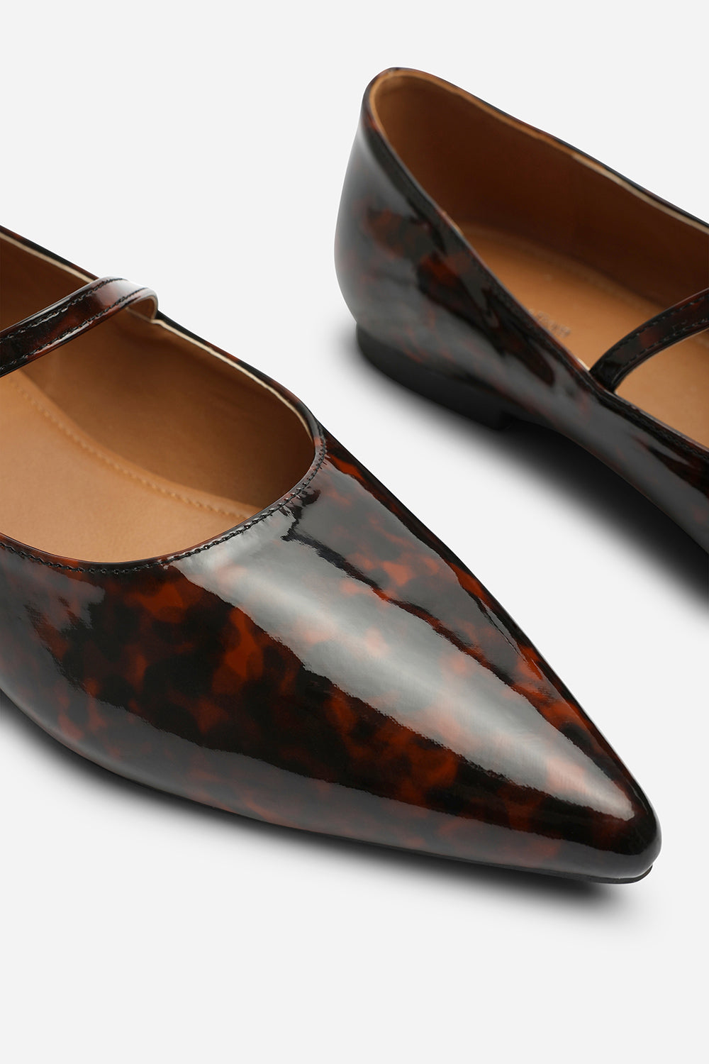 Novalee Wide Fit Pointed Toe Mary Jane Front Strap Ballet Flats in Tortoise Patent