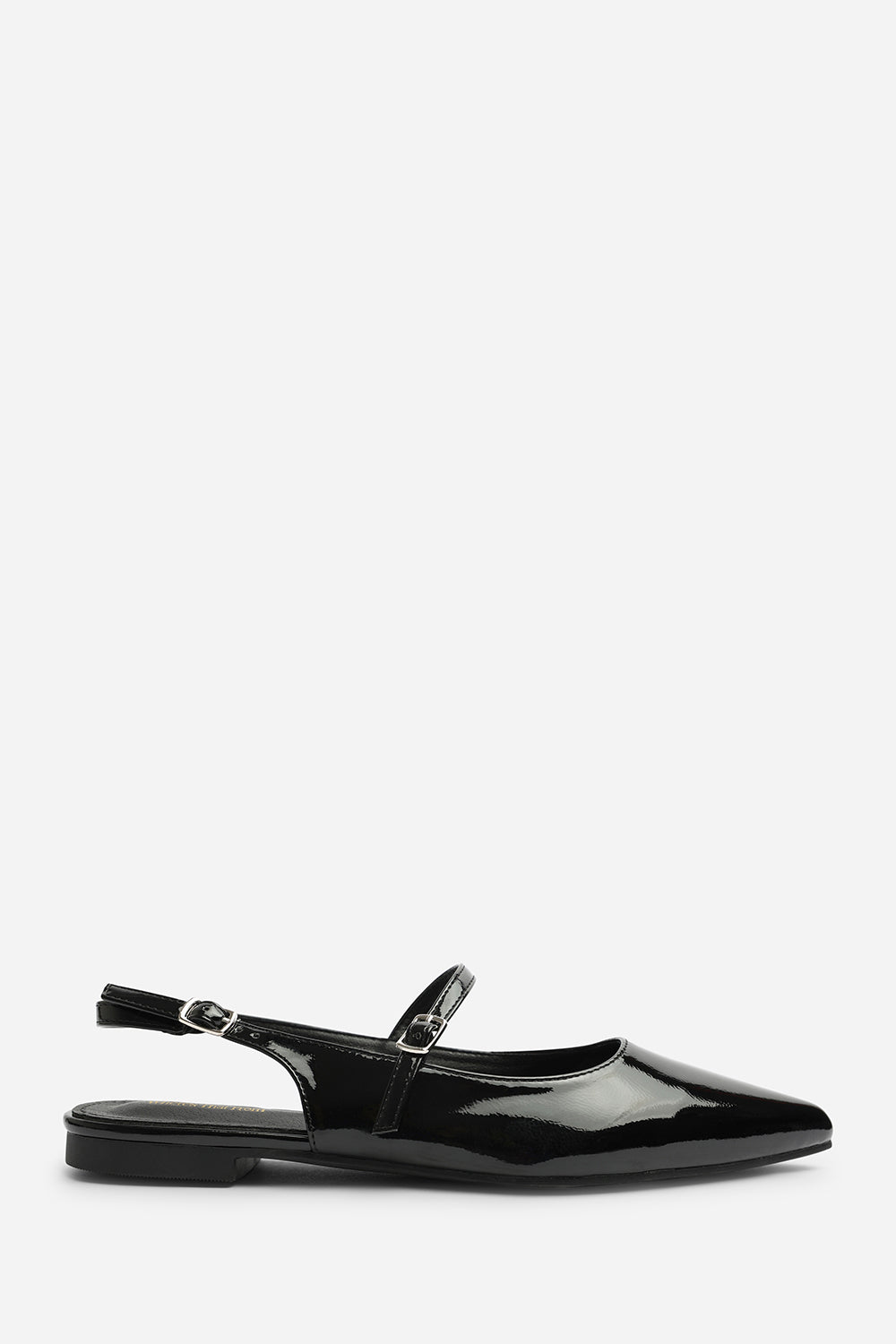 Estrella Pointed Toe Mary Jane Open Back Ballet Flats In Black Patent