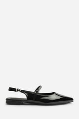Estrella Pointed Toe Mary Jane Open Back Ballet Flats In Black Patent