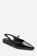 Estrella Wide Fit Pointed Toe Mary Jane Open Back Ballet Flats In Black Patent